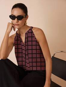 Shutterstock Glamance Lässige, locker sitzende Bluse mit Off-Shoulder Ausschnitt für Damen, geeignet für den täglichen Gebrauch, kariertes Damen-Oberteil, bedrucktes Oberteil, ärmelloses Oberteil, V-Ausschnitt-Oberteil