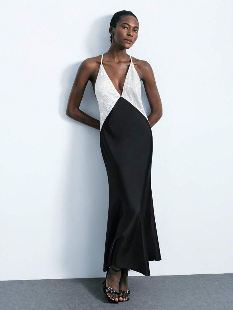 SHEIN Maija Women's Fashion Sexy Contrast Color Sequin Patchwork Backless Dress Black And White Formal Dress Deep V Dress Black Tie Event Dress Sequin Dress Evening Gown Diamond Dress Black And Silver Dress Black And White Dress Elegant Dresses For Women New Year Saudi National Day Party Outfit Christmas Party Dress Elegant Dress Women Elegant Dress Women Summer Dresses For Women