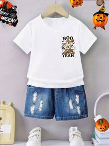 GraphicGems Áo thun cổ tròn tay ngắn họa tiết gấu trúc hoạt hình Halloween vui nhộn, thời trang thường ngày cho bé trai, chữ cái sáng tạo, quả bí ngô, ván trượt, thích hợp mặc trong ngày lễ và hàng ngày, cho tiệc Halloween - trắng - Xem 3