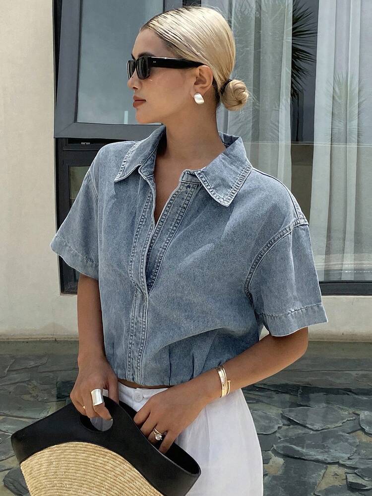 Women's Collared Short Sleeve Cinched Waist Casual Denim Jacket And Coat