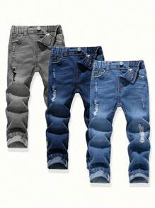 SHEIN 3pcs/Set Young Boy Fall/Winter Vintage Distressed Casual Soft Basic Simple Style Navy, Light Blue, Gray Denim High Elastic Skinny Ripped Jeans Set,For Boys Costume Dailywear Fall/Winter Clothes,Boys Streetwear,Toddler Boys Christmas,Boys Back-To-School Clothes And Night Out, Ripped Jeans - Multicolor - View 1