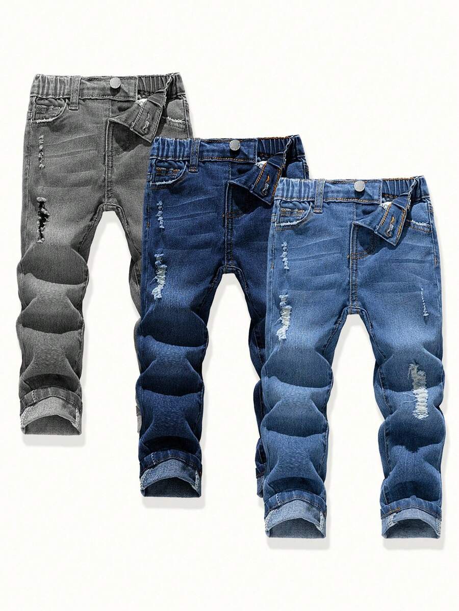 SHEIN 3pcs/Set Young Boy Fall/Winter Vintage Distressed Casual Soft Basic Simple Style Navy, Light Blue, Gray Denim High Elastic Skinny Ripped Jeans Set,For Boys Costume Dailywear Fall/Winter Clothes,Boys Streetwear,Toddler Boys Christmas,Boys Back-To-School Clothes And Night Out, Ripped Jeans - Multicolor - View 1