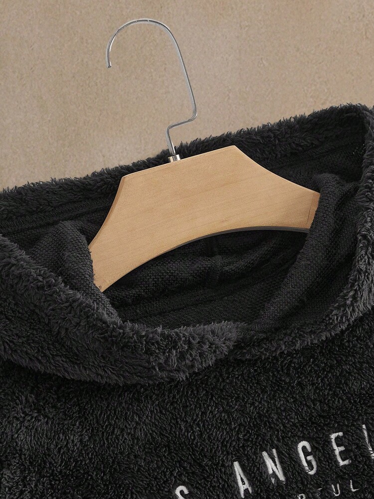 HIMLAND Men's Casual Knitted Coral Fleece Hoodie With Embroidered Letter Fur Hoodie Men Los Angeles Fuzzy Teddy Hoodie Fluffy Hoodie Los Angeles Plush Teddy Hoodie , Fall Winter - Black - View 4