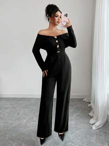 Modelyn 1 pieza Mono de manga larga con volantes y hebilla metálica off-shoulder para mujer - Negro - Ver 8