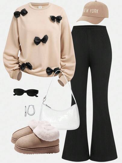 SHEIN Girlism Teen Girls Casual Sweet Cute Knit Crew Neck Colorblock Bow Long Sleeve Sweatshirt And Black Ribbed Flare Pants Set, Back To School, Suitable For Autumn/Winter Bows On Clothes Outfit Set Classy Outfit For Girls Fall