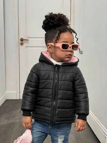 SHEIN Babygirl Cute Black Warm Fleece Hooded Padded Coat, Autumn/Winter Fall - Black - View 4