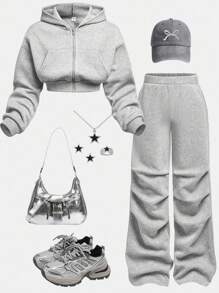 Girlism Teen Girls Casual Knit Hooded Sweatshirt & Sweatshirt Co-Ord Set/Autumn/Winter/Halloween,Glowmode,Fall,Halloween/Autumn/Christmas/Holiday/Festival/Winter - Grey - View 12