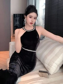 DAZY 女士优雅水钻装饰吊带中长连衣裙，夏季舞会礼服，新年晚会礼服，吊带裙 - 黑色 - 查看 5