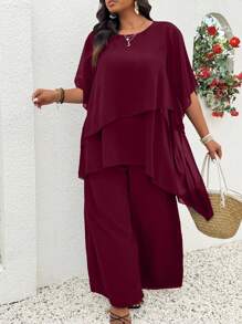 SHEIN CURVE+ 休闲大码勃艮第酒红色半袖长裤套装宽松大码两件套大码两件套大码女装两件套曲线裤套装 - 酒紅色 - 查看 4