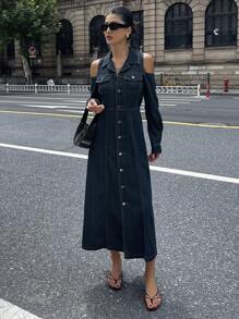 DAZY 女士休闲露肩洗水牛仔连衣裙，秋季女装