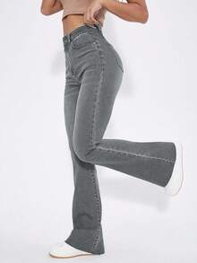 EURMUSE Quần denim ống loe cạp cao đơn sắc, thường ngày đa năng dành cho nữ, mùa hè - Xám - Xem 1