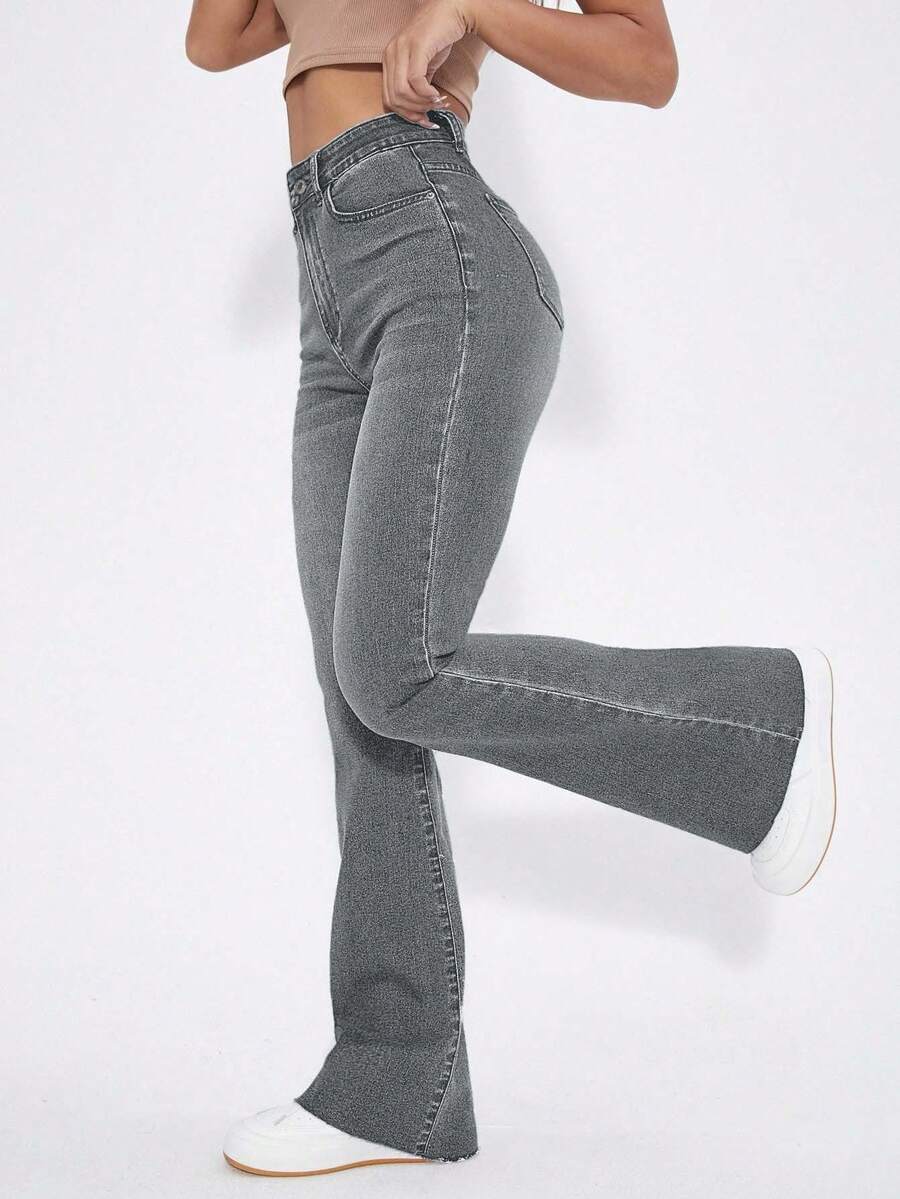 EURMUSE Quần denim ống loe cạp cao đơn sắc, thường ngày đa năng dành cho nữ, mùa hè - Xám - Xem 1