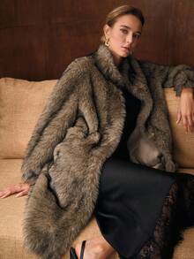 MOTF PREMIUM 中长款宽松仿皮草大衣，秋冬 - 摩卡棕 - 查看 2