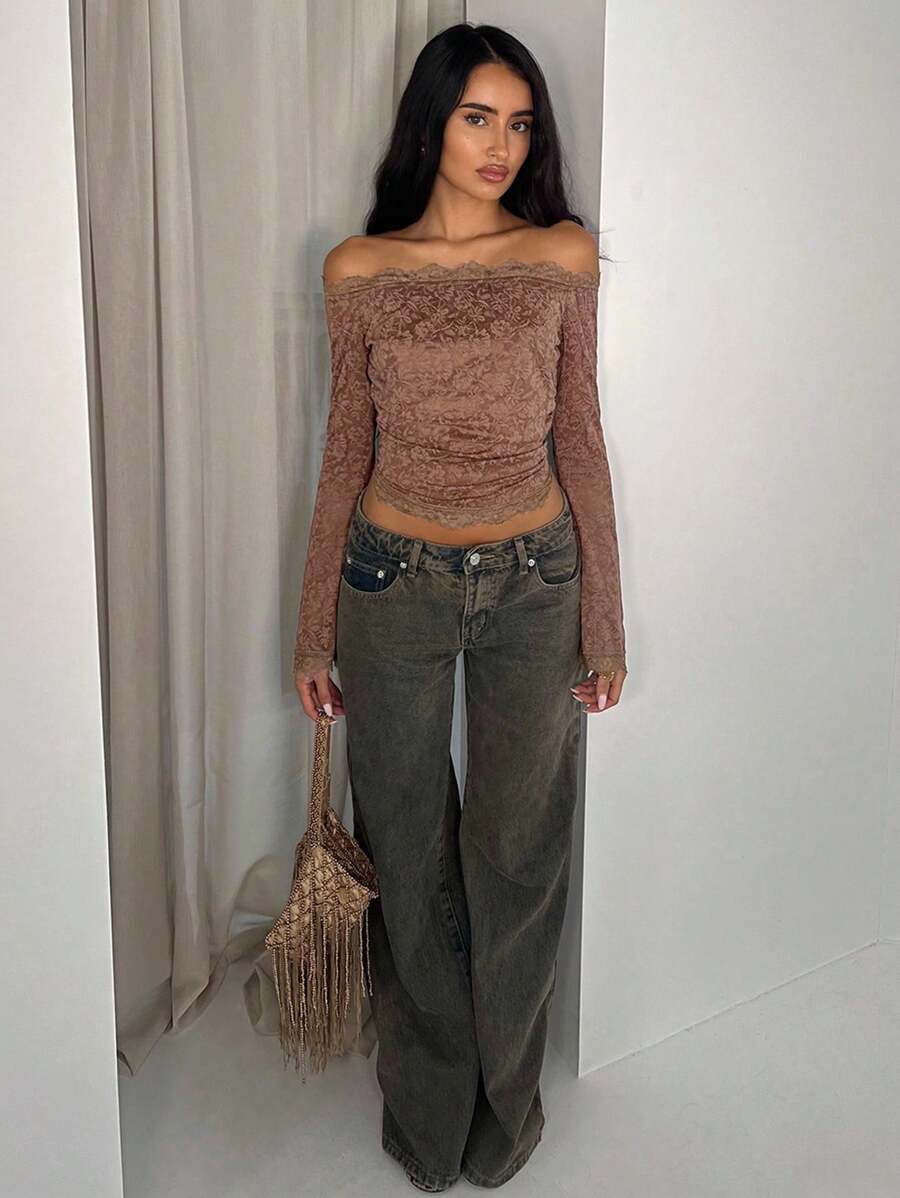 Glamine Áo ren trễ vai tay dài gợi cảm viền ren nhún bèo cho nữ - Màu nâu  Mocha - Xem 1