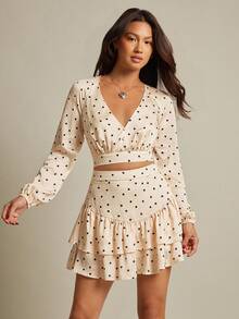 WESTFADE Polka Dot Satin V Neck Bow Tie Back Long Sleeve Crop Top Fall, Autumn, Winter, Casual Cute, Boho Cowgirl, Nashville Country Western Concert - Apricot - View 4