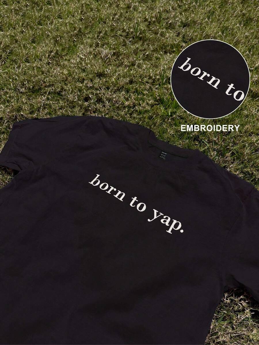 INAWLY 女式夏季标语刺绣圆领短袖休闲常规T恤 - 黑色 - 查看 1