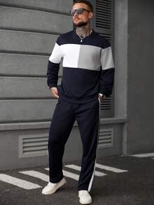 Manfinity Homme 男士撞色圆领长袖休闲运动衫和运动裤套装男士两件套运动服男士运动服套装男士慢跑服男士运动服套装休闲两件套男士秋季服装 - 彩色 - 查看 4