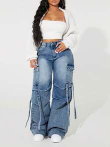 SHEIN ICON Damen Cargo Jeans in Große Größen mit Plissee-Weitem Bein und locker Passform - Blau - Übersicht 6