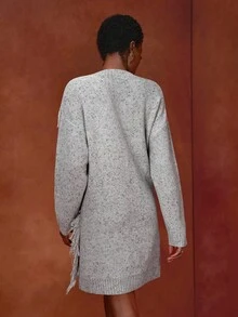 Zivah Robe en tricot à col en V avec franges torsadées grise pour femmes, style décontracté ample, automne/hiver - Gris - Voir 3