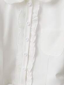 Girls' Korean Style Fashionable Casual School Look Outfit, Peter Pan Collar Short Sleeve Shirt & Patchwork Pleated Skirt Set, Summer