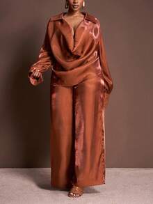 Veslaya Bộ đồ 2 mảnh dành cho nữ cỡ lớn, thanh lịch, gợi cảm, dáng rộng, tay phồng, cổ chữ V sâu, vạt cong, kết hợp áo sơ mi và quần ống rộng dài, chất liệu chiffon, dành cho mùa Xuân/Thu - B - màu nâu - Xem 6