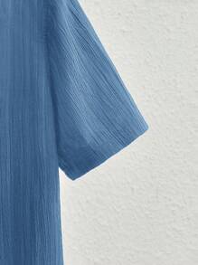 Manfinity NXTstreet 2pcs Men's Casual V-Neck & Stand Collar Short Sleeve Woven Shirt & Pants Set, Cozy Outfits - Blue - View 4