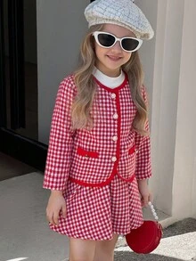 SHEIN Elladie kids 少女红白格子可爱长袖外套搭配裙子套装，适合秋冬 - 紅色 - 查看 4