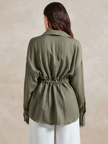Briarwyn 女士休闲纯色抽绳长袖衬衫，适合日常穿着 - 軍綠色 - 查看 2