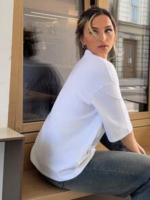 Jeta Ari Áo thun tay ngắn đơn giản, rộng rãi, phong cách cổ điển, tối giản, dành cho nữ, áo thun oversize dành cho nữ công sở, phong cách tiền cũ - trắng - Xem 6