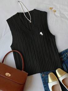 Comfortcana Women's Casual V-Neck Equestrian Embroidery Cable Knit Sweater Vest Going Out Tops Women,Tops For School In Fall/Winter