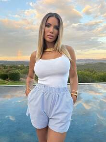 Manon Tanti Striped Print Elastic Waist Shorts - Blue and White - View 3