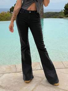 Manon Tanti Women's Casual Versatile Denim Flared Pants With Pockets - Black - View 4