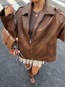 Muchica Giacca vintage marrone alla moda per pendolari, abbigliamento gotico da donna, giacca autunno inverno, per il ritorno a scuola, concerti country, streetwear - Moka Marrone - Visualizzare 3