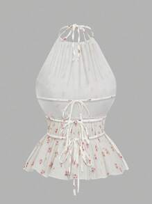 Sweetra Plus Size Halter Backless Top & A-Line Ditsy Floral Skirt 2 Pieces Set, Vacation - White - View 10
