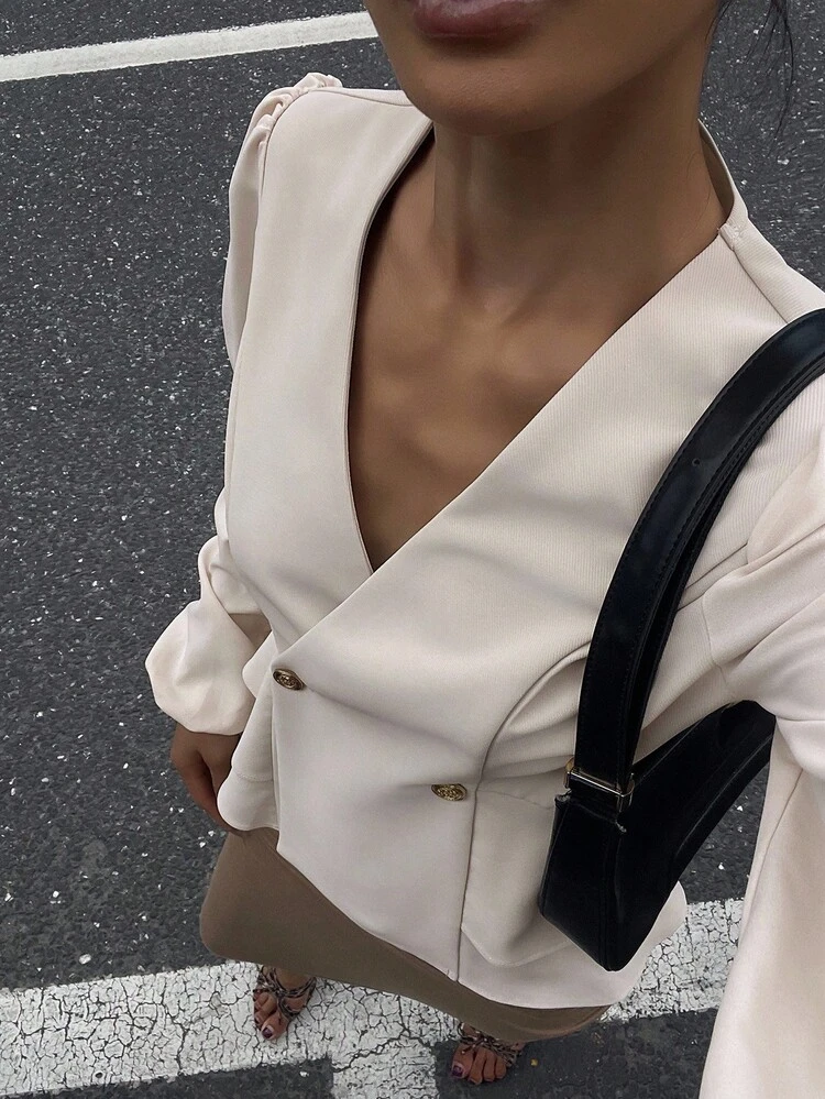 Women's V-Neck Solid Color Lantern Sleeve Ruffle Hem Blouse Long Sleeve Top