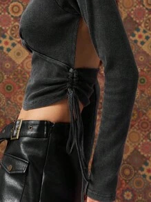Easelle Top à manches longues avec décolleté plongeant, style sexy . Catégorie polyvalente de t-shirt/sous-vêtement, convient à ceux qui recherchent le style personnalisé, la sensualité et la mode. Peut être porté au quotidien ou pour créer un look sexy. - Gris foncé - Voir 9
