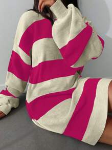 Cloudara Two Tone Drop Shoulder Sweater Dress - Pink - View 5