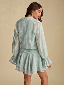 Enchnt Summer Romantic Women's Green Jacquard Cowl Lace Neck Dropped Shoulder Long Sleeve Layered Ruffle Hem Mini Dress, Suitable For Vacation,Sweet&Date&Holiday&Party&Graduation,Summer Clothes, ,Elegant Dresses For Party,Bohemian Clothes - Green - View 7