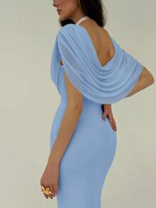Aloruh Women Solid Color Drape Fit And Flare Dress Blue - Blue - View 4