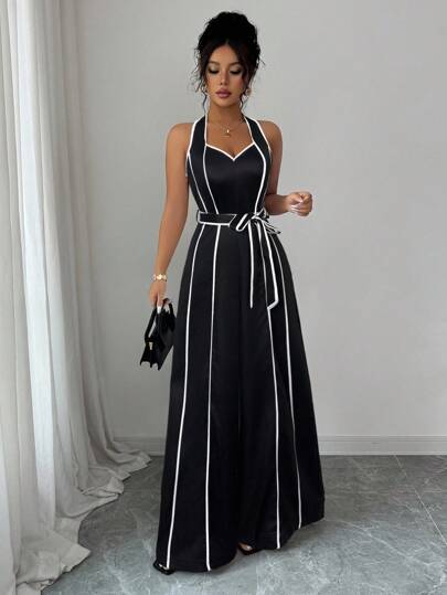 Elenzga Blusa sin mangas de moda de alta gama con estampado digital de rayas blancas y negras, cuello en V de estilo retro francés, cinturón con cremallera en la cintura, pantalones palazzo de pierna ancha, conjunto elegante para ir al trabajo para maestras