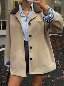 Livesso Women's Casual Contrast Color Windbreaker Jacket, Regular Fit, Autumn,Fall Women Clothes - Khaki - View 6