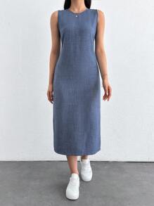 EURMUSE 女式夏季圆领无袖侧开衩下摆休闲连衣裙 - 灰色 - 查看 5