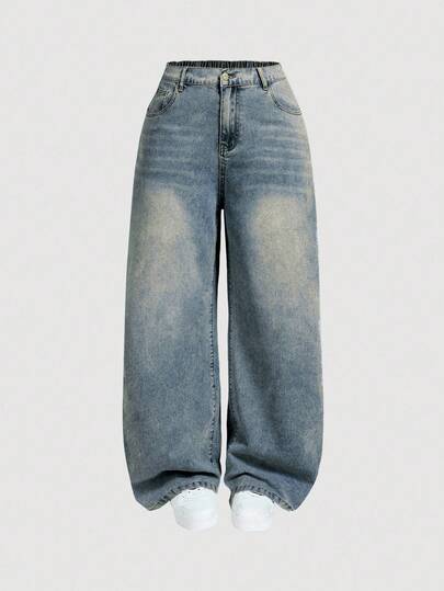 EURMUSE Plus Size Dam Fickor Lös Passform Casual Mångsidiga Denim Jeans