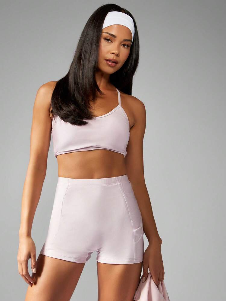 MISSGUIDED Two Piece High Rise Workout Set With Drawstring Mini Shorts And Cropped Tank With Soft Stretch Fabric Moisture Wicking Compression Fit For Gym Yoga Training