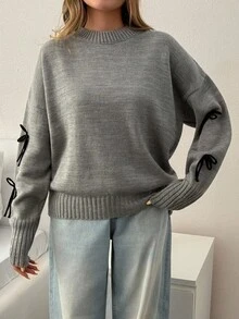 EURMUSE Women's Casual Long Sleeve Sweater With Bow Tie, Autumn/Winter Gray Sweater Women's Sweater Knit Top Jumper Gray Top,Jumpers,Women's Jumpers - Grey - View 3
