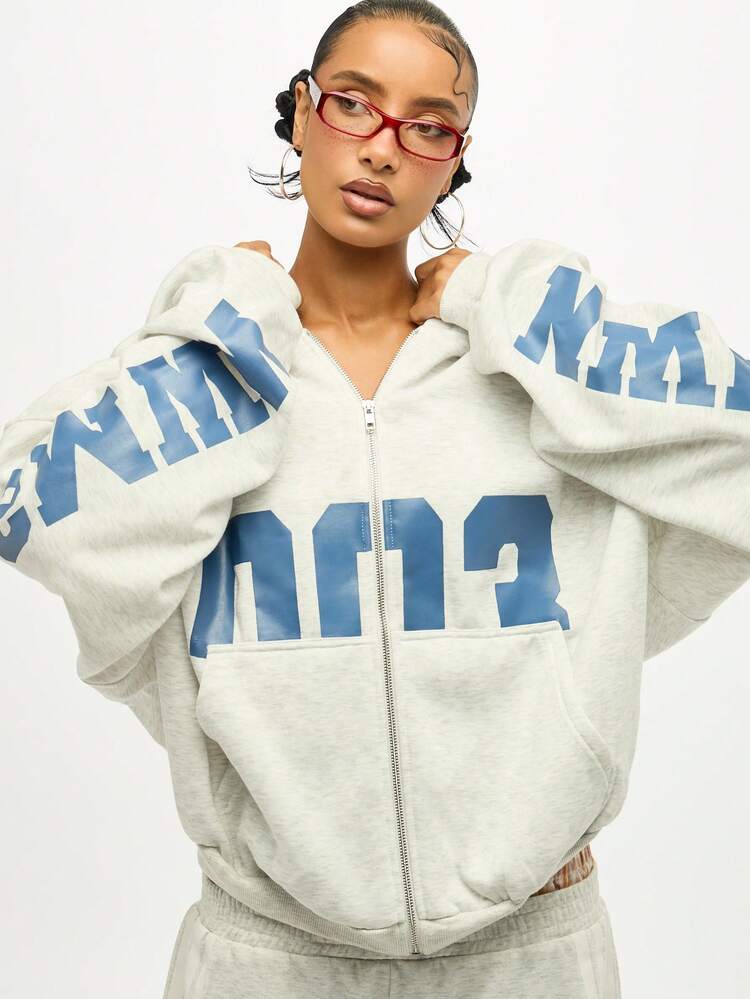 SUMWON WOMEN Oversized Full Zip Varsity Hoodie With Drawstring Hood