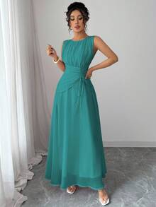 Elenzga Váy Maxi Chiffon Thanh Lịch Thường Ngày Cho Nữ, Phong Cách Cổ Điển Lãng Mạn, Phù Hợp Đi Biển, Trà Chiều, Tiệc Tùng, Đám Cưới, Đi Làm, Không Tay, Eo Rút, Lưng Xếp Ly, Có Lót, Xuân/Hè - Màu xanh ngọc - Xem 5