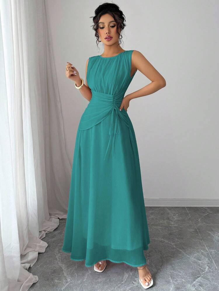 Elenzga Women's Casual Elegant Chiffon Maxi Dress, Romantic Vintage Style, Suitable For Beach, Afternoon Tea, Party, Wedding, Commuting, Sleeveless, Drawstring Waist, Pleated Back, Lined, Spring/Summer - Teal Blue - View 5