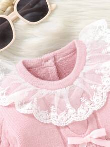 SHEIN 2pcs Baby Girls'  Casual Cute Sweater Dress And Knit Leggings Set, Featuring Twisted Cord, Lace Trim, Bow Details, Soft Knit, Suitable For Daily, Outdoor, Travel, Holiday, Home, Daycare And Playtime Occasions - Pink - View 5