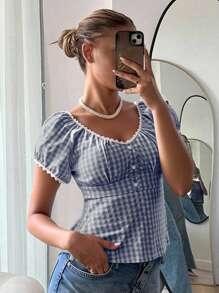 CovetEZ Navy Blue & White Plaid Woven Blouse For Women - Navy Blue - View 8